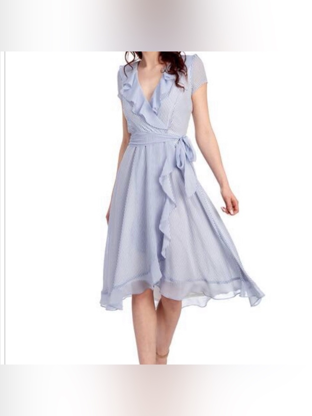 Light Blue Striped Ruffle Wrap Midi Dress
